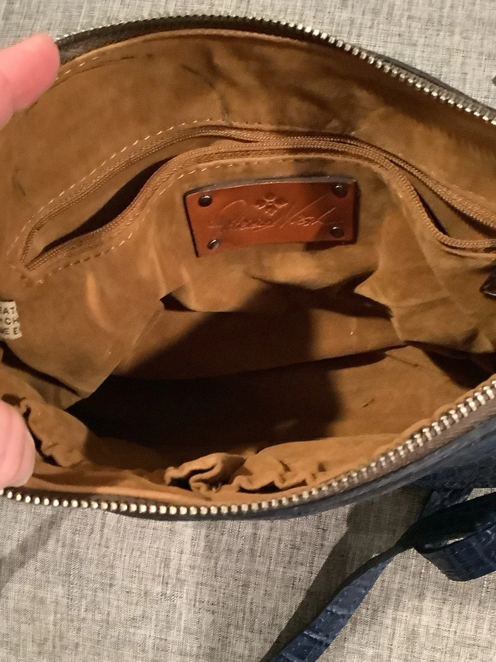 Patricia Nash Navy Croc-Embossed Leather Messenger with Tan Interior Trim